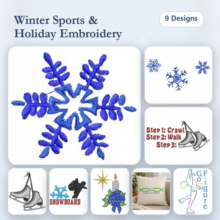 Winter Sports Embroidery Designs Bundle – Snowflake, Ice Skate, Snowboard & More (9 Designs)