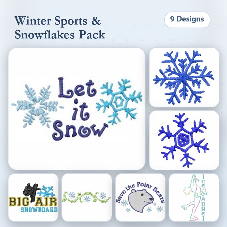 Winter Sports & Snowflakes Embroidery Designs Bundle – Let it Snow, Big Air Snowboard, Ice Dance & More (9 Designs)