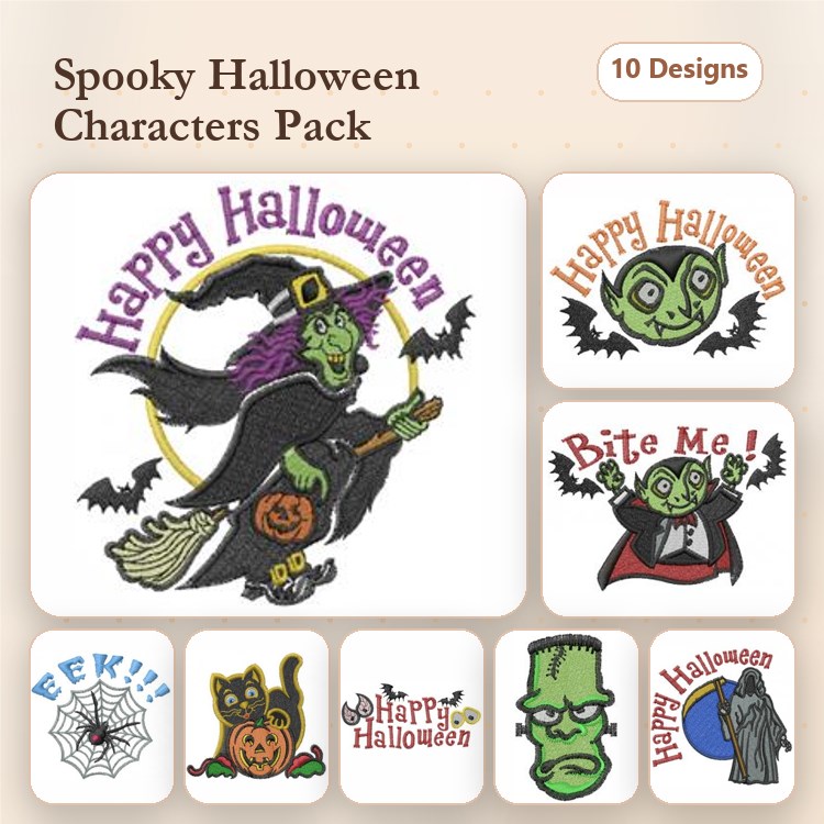 Halloween Characters Embroidery Designs Bundle – Witch on Broomstick, Cat with Pumpkin, Grinning Monster & More (10 Designs)
