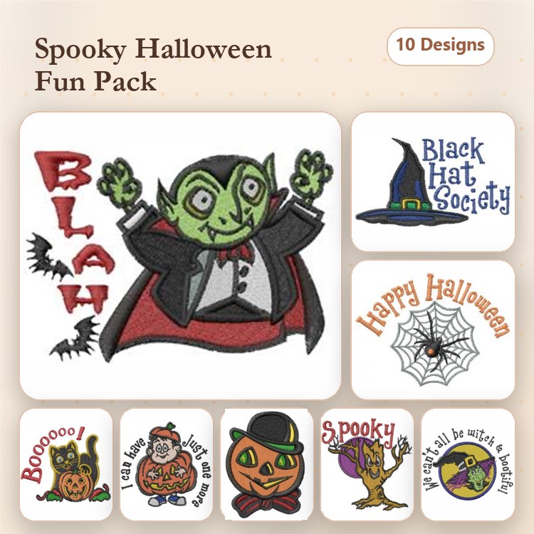 Halloween Characters & Symbols Embroidery Designs Bundle – Vampire, Pumpkin, Ghost & More (10 Designs)