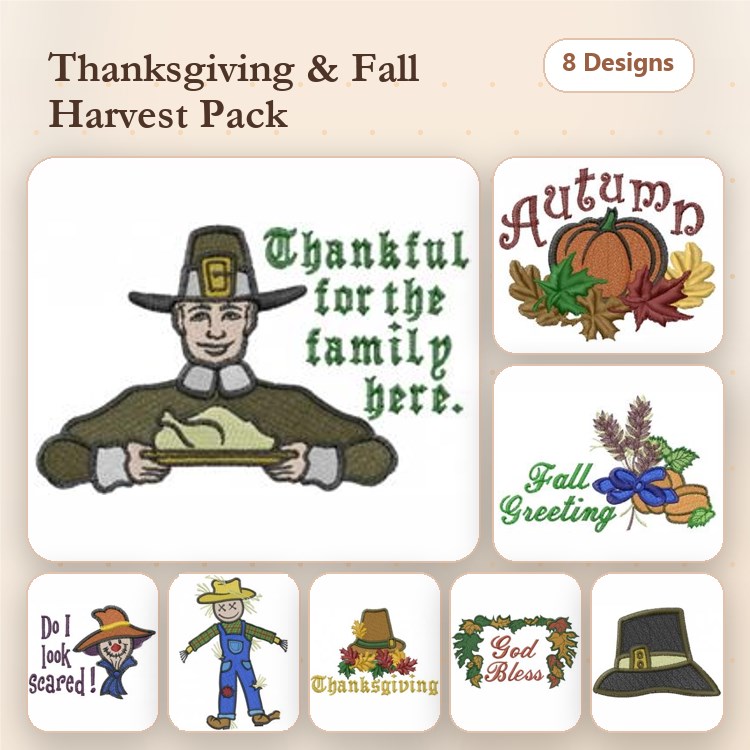 Thanksgiving & Fall Harvest Embroidery Designs Bundle – Thankful for the Family Here, Autumn Pumpkin, Fall Greeting & More (8 Designs)