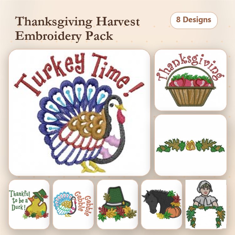 Thanksgiving Embroidery Designs Bundle – Turkey Time, Thanksgiving Basket, Fall Leaves Border & More (8 Designs)