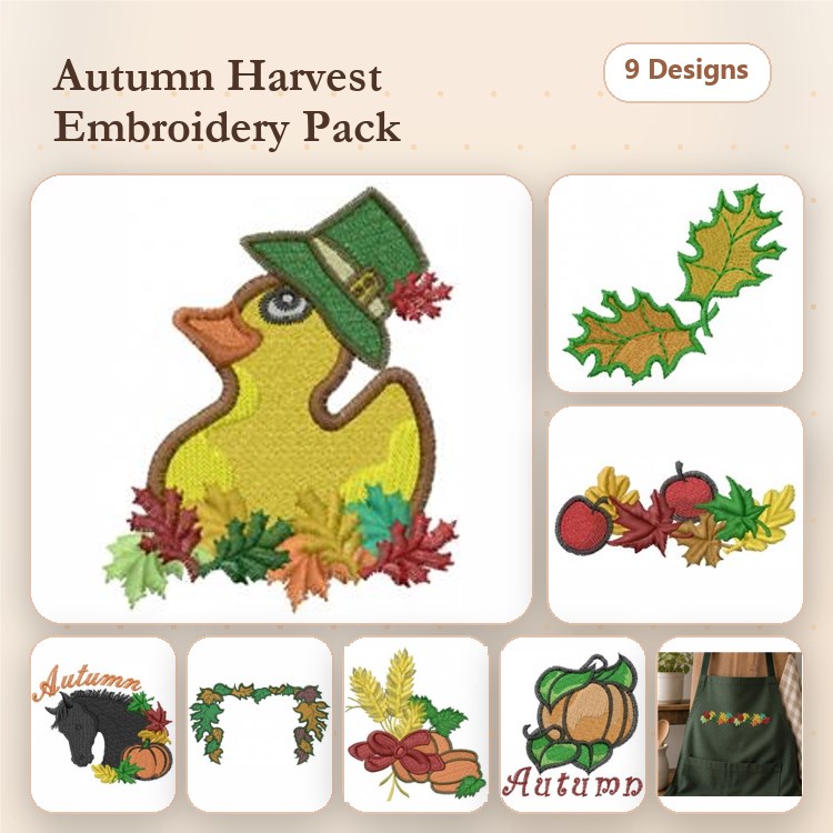 Autumn Harvest Embroidery Designs Bundle – Duck with Hat, Acorn, Pumpkin & More (9 Designs)