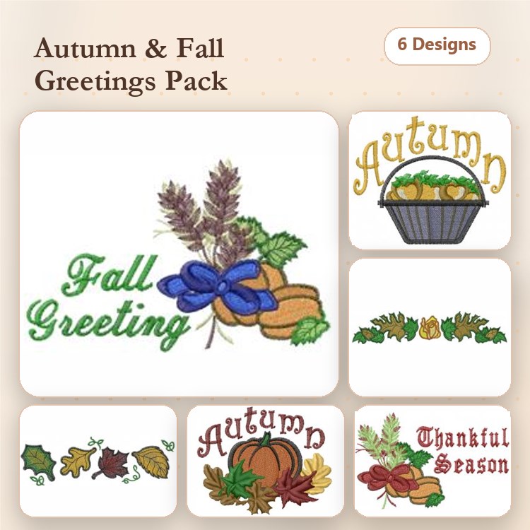 Autumn & Fall Embroidery Designs Bundle – Fall Greeting, Autumn Basket, Thankful Season & More (6 Designs)