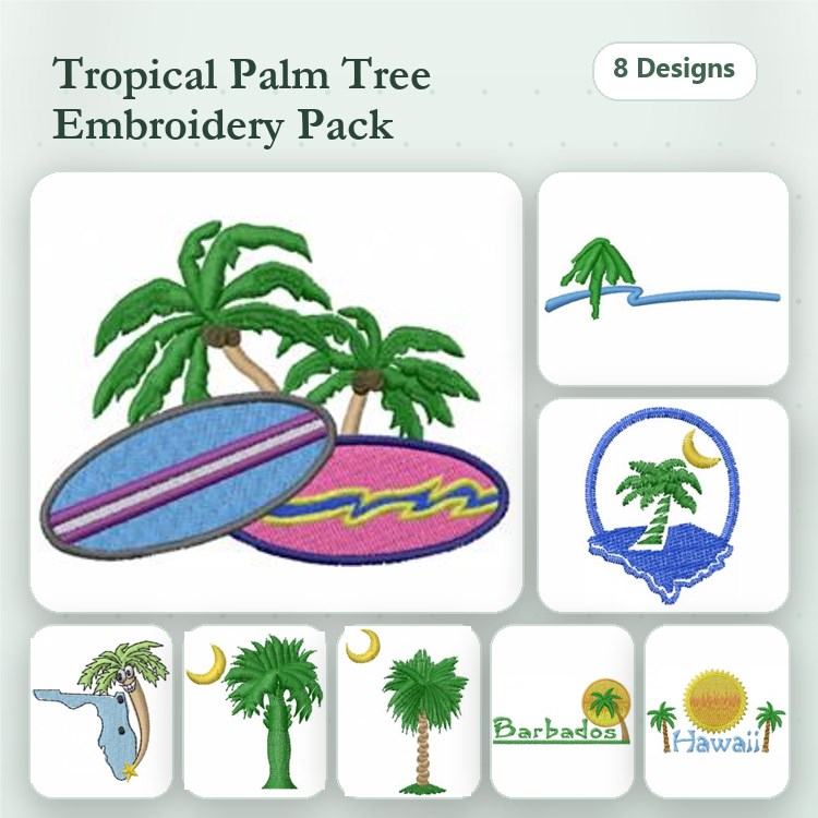 Tropical Palm Trees & Surfboards Embroidery Designs Bundle – Palm Tree at Sunset, Island with Palm Tree & More (8 Designs)