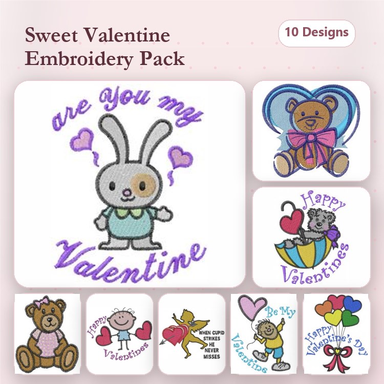 Valentine's Day Embroidery Bundle – Bunny Valentine, Teddy Bear with Hearts, Happy Valentines Umbrella & More (10 Designs)