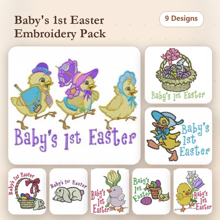 Easter Baby Chick Embroidery Designs Bundle – Chick with Bonnet, Baby's 1st Easter, Chick with Basket & More (9 Designs)