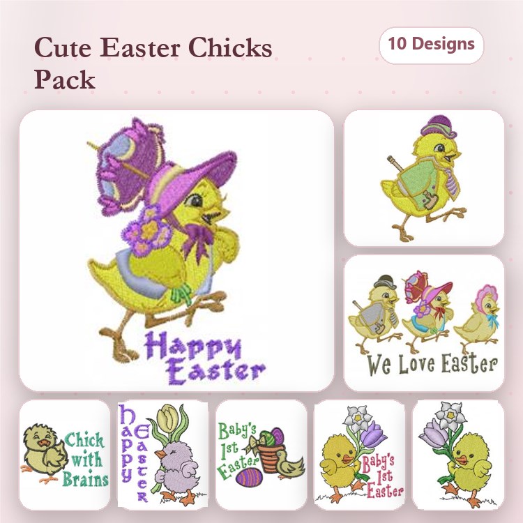 Easter Chick Embroidery Designs Bundle – Happy Easter Chick, Chick with Egg, Chick with Flower & More (10 Designs)
