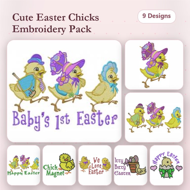 Easter Chicks Embroidery Designs Bundle – Happy Easter, Chick Magnet, We Love Easter & More (9 Designs)