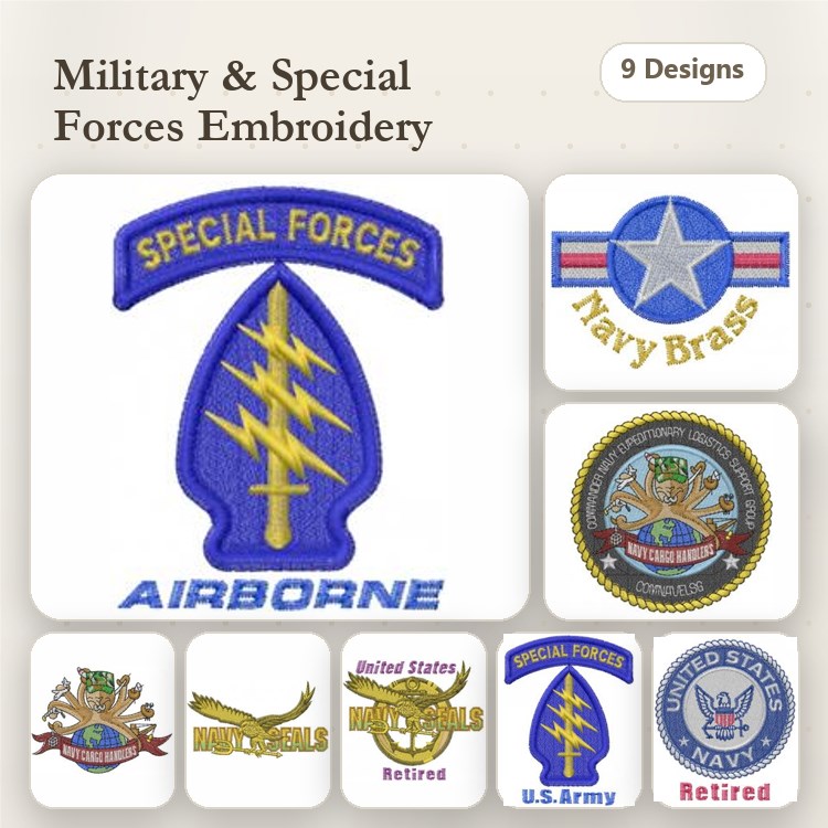 Military Emblems Embroidery Bundle – Special Forces Airborne, U.S. Army, Navy Brass & More (9 Designs)