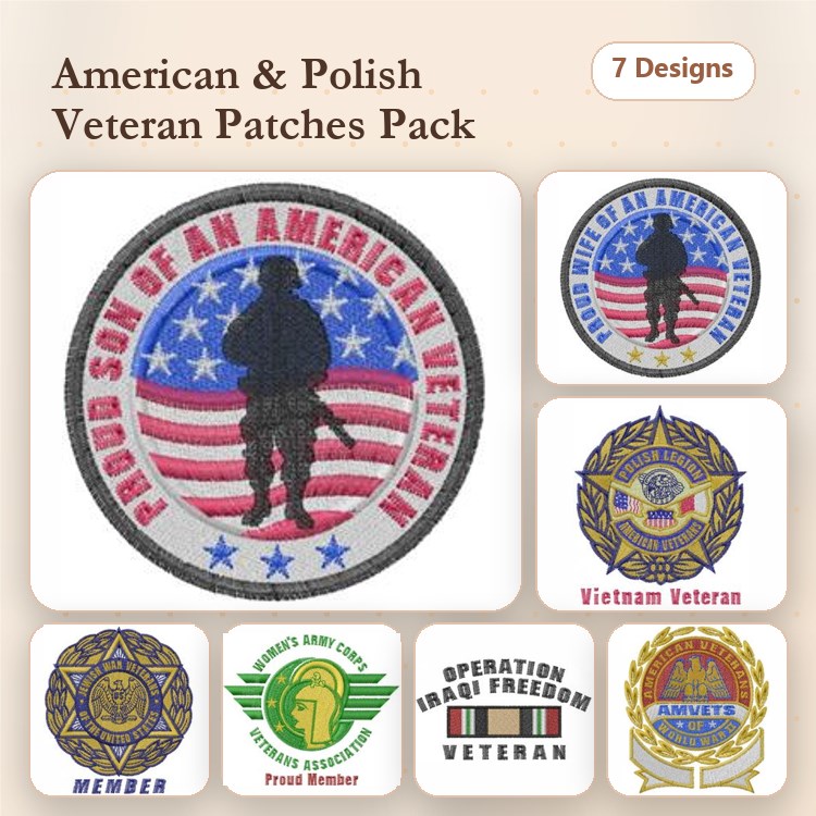 Veteran Patches Embroidery Designs Bundle – Proud Son of an American Veteran, Vietnam Veteran, Operation Iraqi Freedom & More (7 Designs)