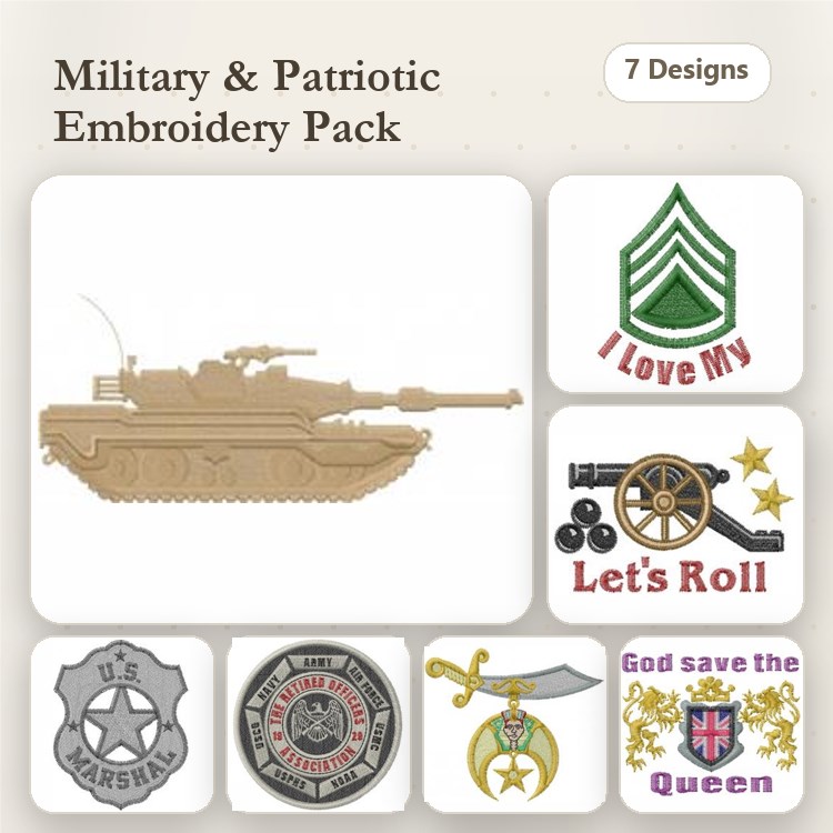 Military & Patriotic Embroidery Bundle – Tank, U.S. Marshal Badge, Sword and Stars & More (7 Designs)