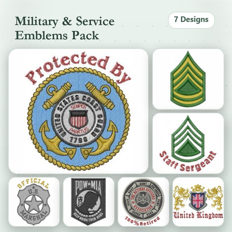 Military Emblems Embroidery Bundle – Coast Guard, Staff Sergeant, Army Rank & More (7 Designs)