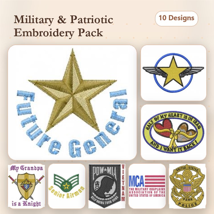 Military and Patriotic Embroidery Bundle – Future General, Star Emblem, POW-MIA Logo & More (10 Designs)