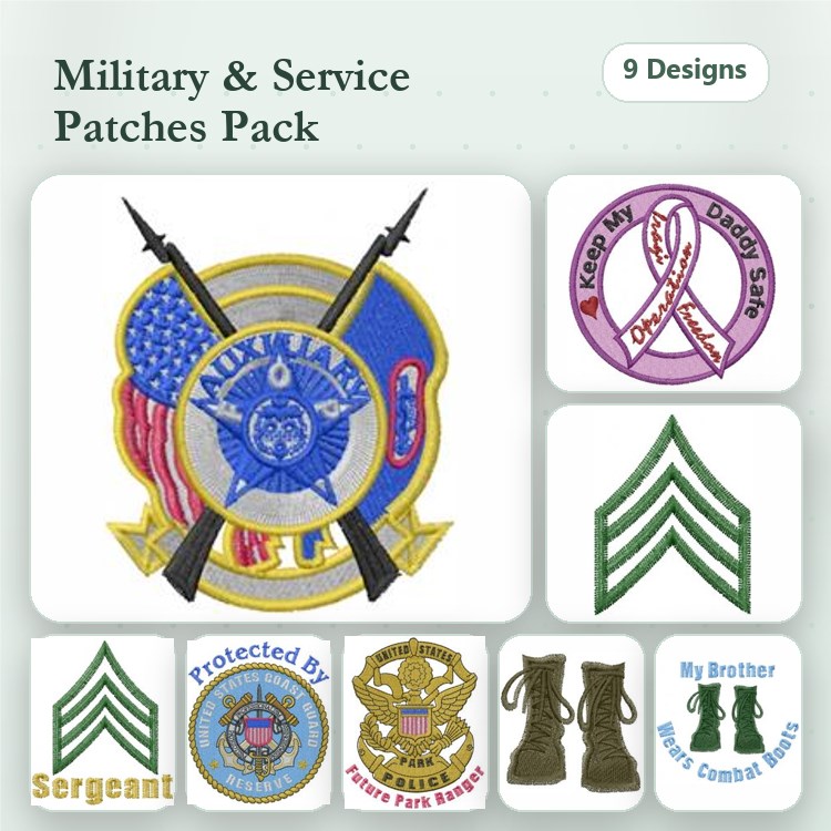 Military and Service Patches Embroidery Designs Bundle – Military Badge, Sergeant Patch, Protected By Shield & More (9 Designs)