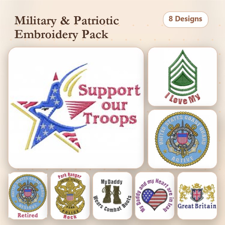 Military & Patriotic Embroidery Designs Bundle – Support our Troops, Military Star, My Daddy is a Veteran & More (8 Designs)
