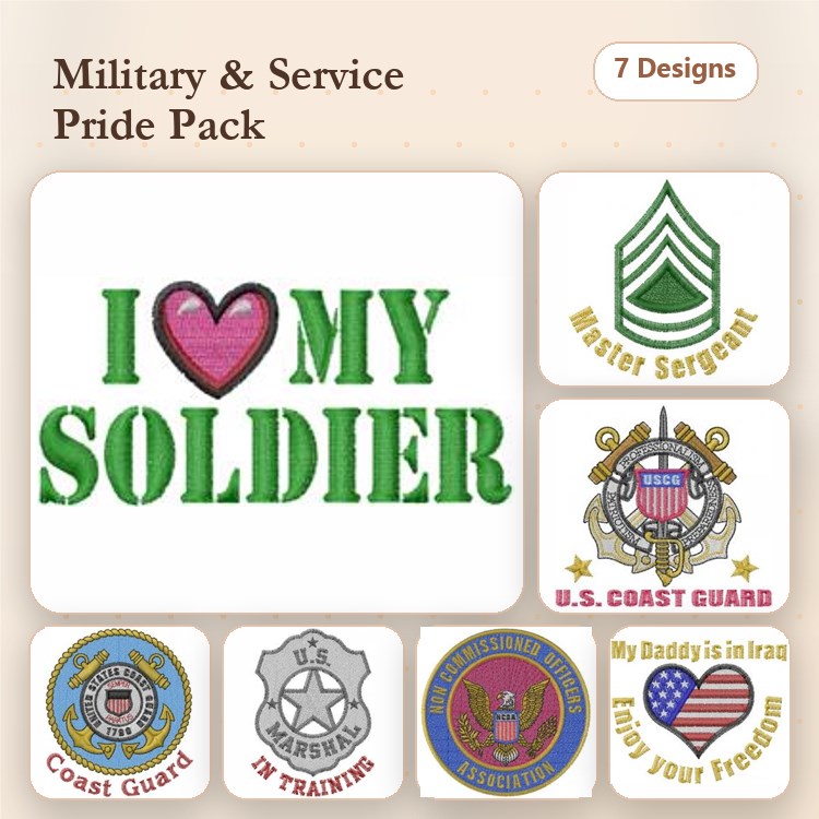 Military and Service Pride Embroidery Designs Bundle – I Love My Soldier, Master Sergeant Emblem, U.S. Coast Guard Emblem & More (7 Designs)