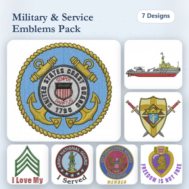 Military and Service Emblems Embroidery Bundle – United States Coast Guard Emblem, I Love My Service Emblem, Freedom is Not Free Emblem & More (7 Designs)