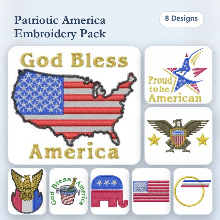 Patriotic America Embroidery Designs Bundle – USA Map with Flag, God Bless America, Eagle with Shield & More (8 Designs)