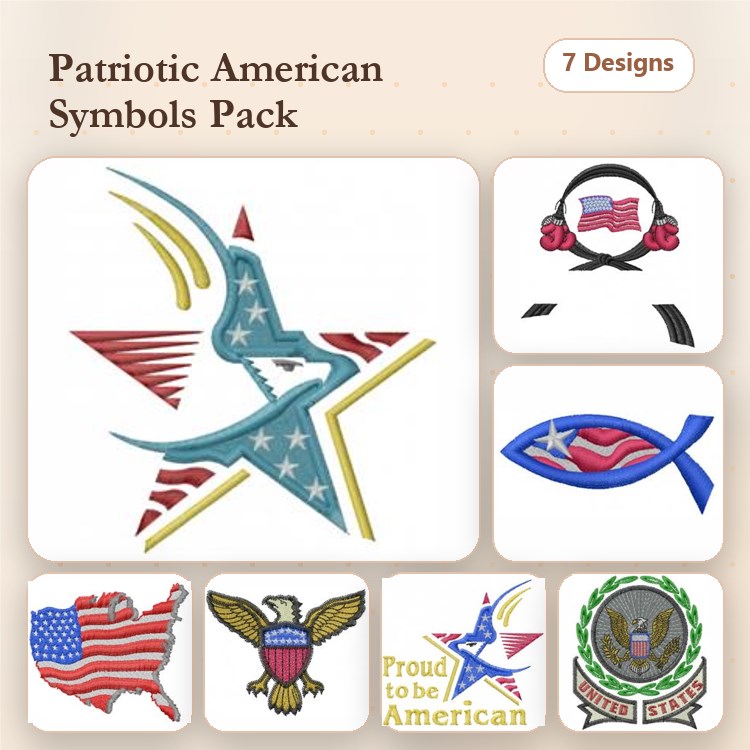 Patriotic American Symbols Embroidery Bundle – American Flag Star, Eagle with Flag, USA Map & More (7 Designs)