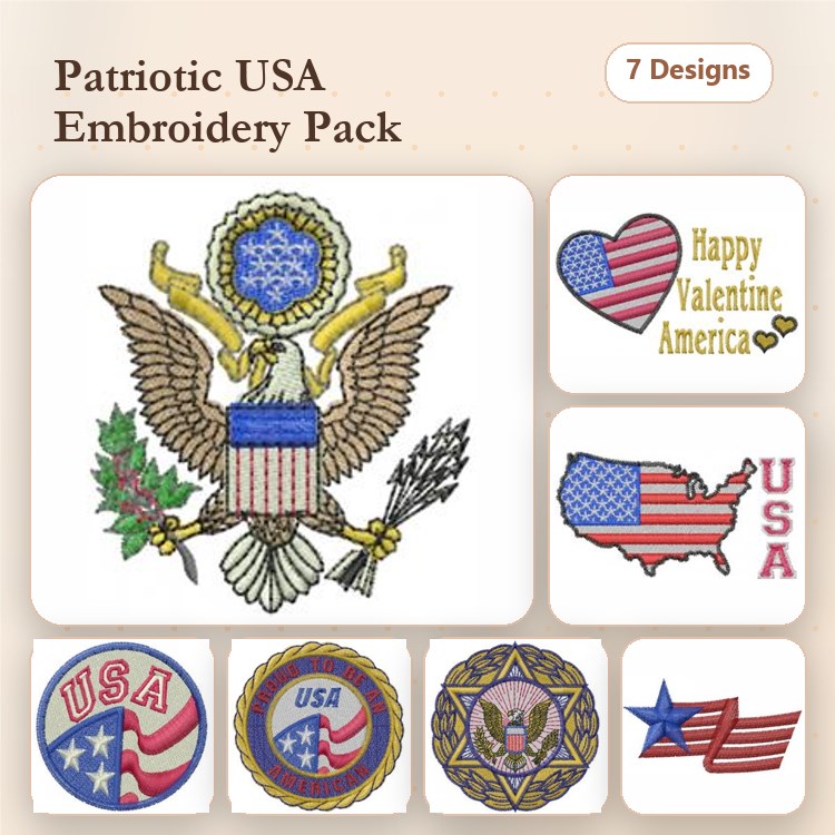 Patriotic USA Embroidery Designs Bundle – Eagle Emblem, USA Map, Happy Valentine America & More (7 Designs)