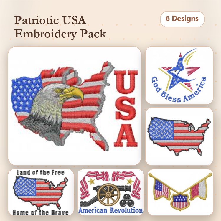 Patriotic USA Embroidery Designs Bundle – Eagle with USA Flag, God Bless America Star, Home of the Brave & More (6 Designs)