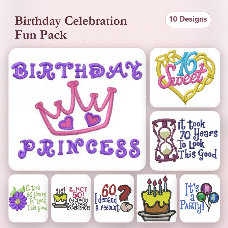 Birthday Celebration Embroidery Designs Bundle – Birthday Princess, Sweet 16 Heart, Birthday Cake & More (10 Designs)