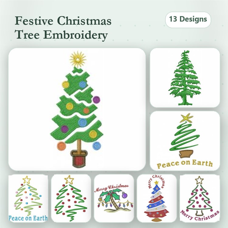 Christmas Tree Embroidery Bundle – Decorated Tree, Peace on Earth, Merry Christmas & More (13 Designs)