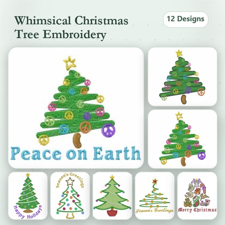 Christmas Tree Embroidery Designs Bundle – Peace on Earth, Decorated Christmas Tree, Layered Christmas Tree & More (12 Designs)