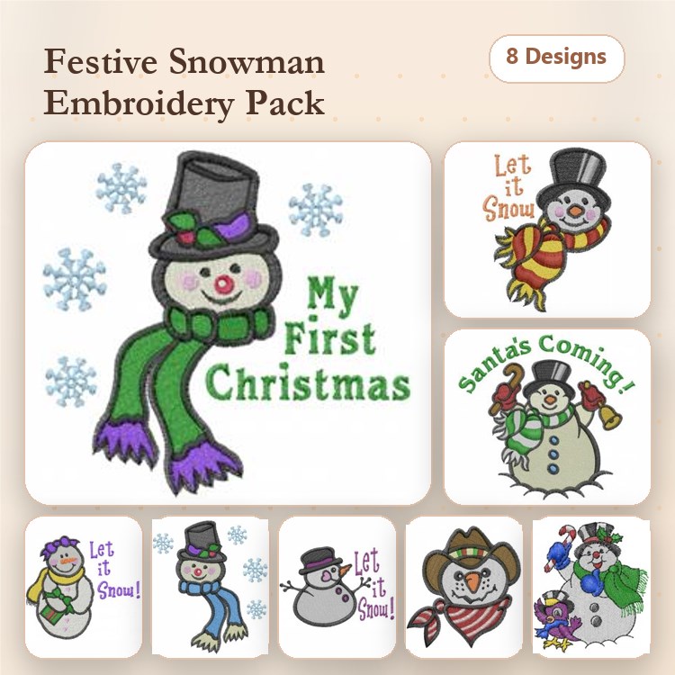 Festive Snowman Embroidery Designs Bundle – Snowman with Top Hat, Let It Snow, Santa's Coming! & More (8 Designs)