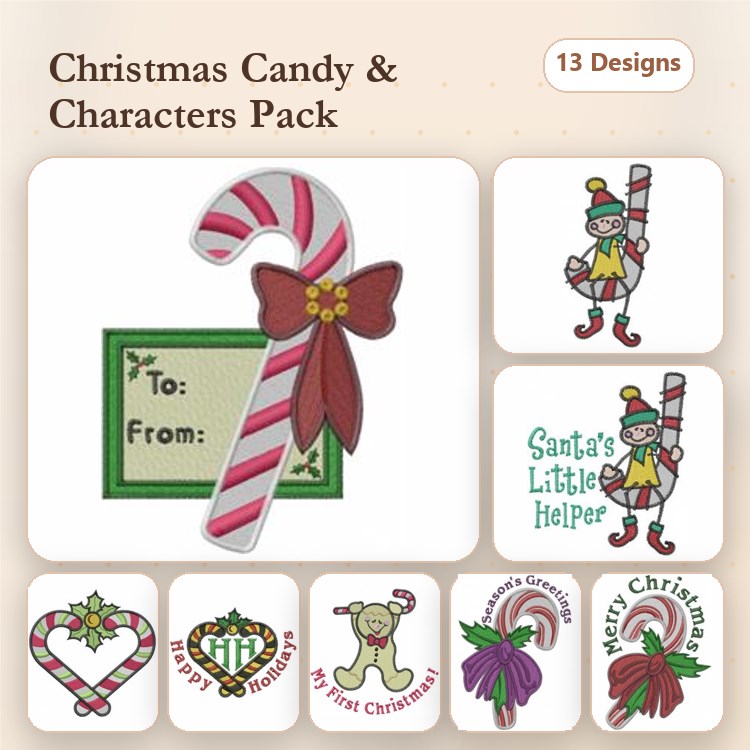 Christmas Candy & Characters Embroidery Bundle – Candy Cane, Santa's Little Helper, Elf with Presents & More (13 Designs)
