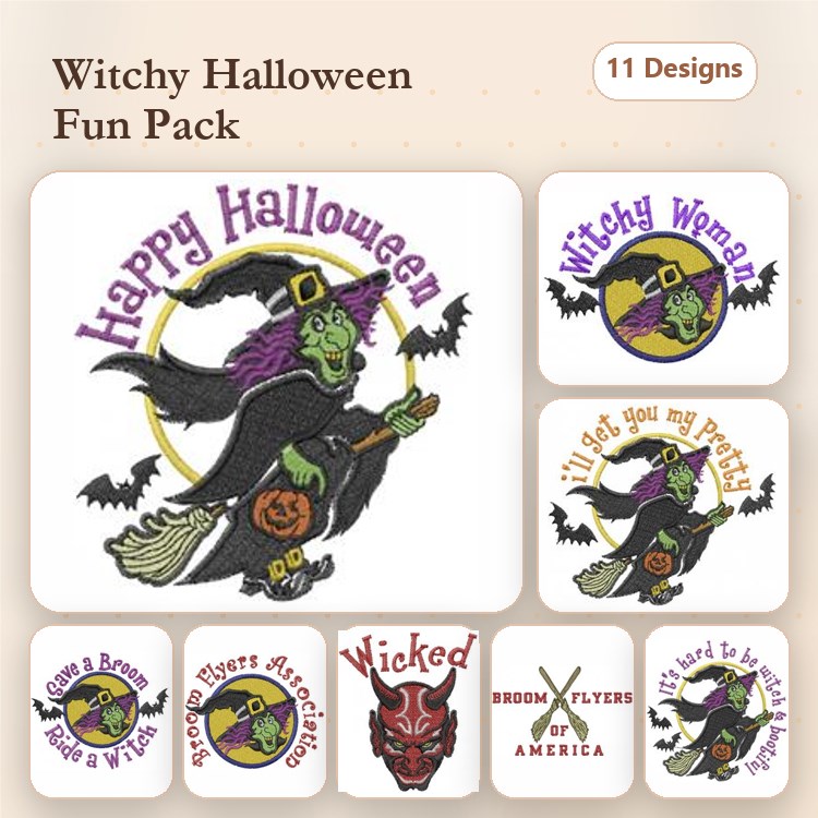 Witchy Halloween Embroidery Designs Bundle – Happy Halloween Witch, Wicked Witch, Pumpkin Witch & More (11 Designs)