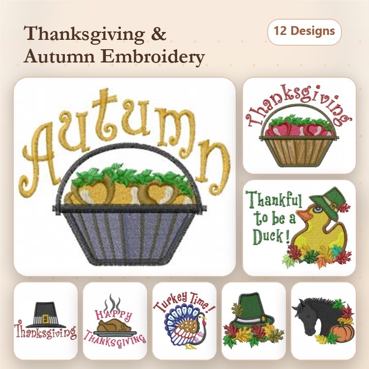 Thanksgiving & Autumn Embroidery Bundle – Autumn Basket, Turkey Time, Pumpkin Patch & More (12 Designs)