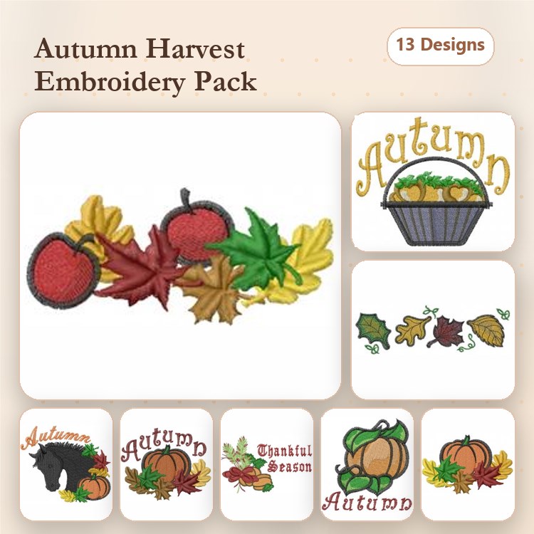 Autumn Harvest Embroidery Designs Bundle – Autumn Leaf Cluster, Red Apple with Leaves, Pumpkin Basket & More (13 Designs)