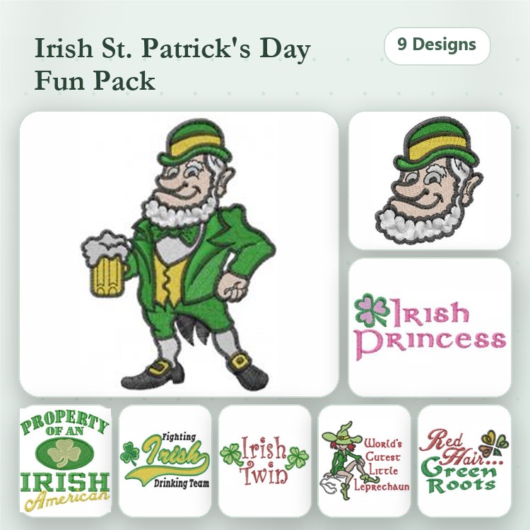 Irish Leprechaun & Princess Embroidery Designs Bundle – Leprechaun with Beer, Irish Princess, Property of an Irish American & More (9 Designs)