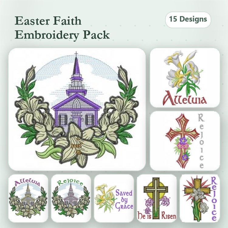 Easter & Faith Embroidery Designs Bundle – Church with Lilies, Cross with Flowers, Rejoice Script & More (15 Designs)