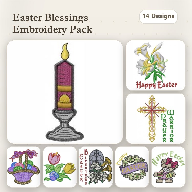 Easter Embroidery Designs Bundle – Candle with Flame, Happy Easter, Easter Cross & More (14 Designs)