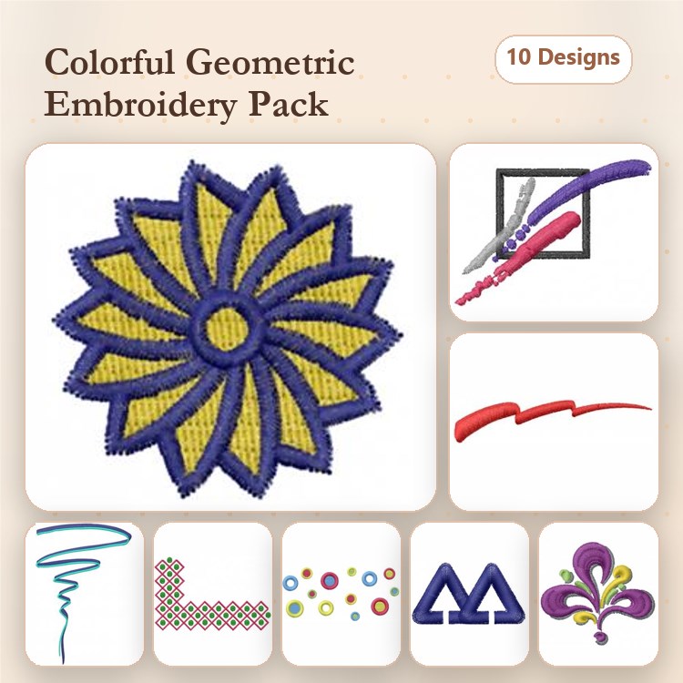 Colorful Geometric Embroidery Bundle – Geometric Flower, Curly Swirl, Fleur-de-lis & More (10 Designs)