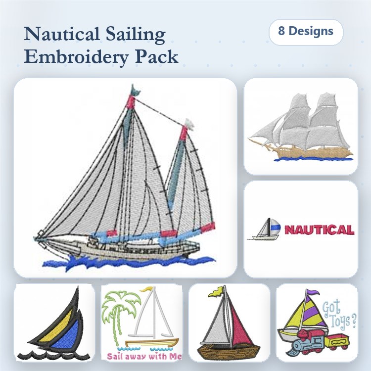 Nautical Sailing Embroidery Designs Bundle – Sailing Ship, Sailboat, Fishing Boat & More (8 Designs)