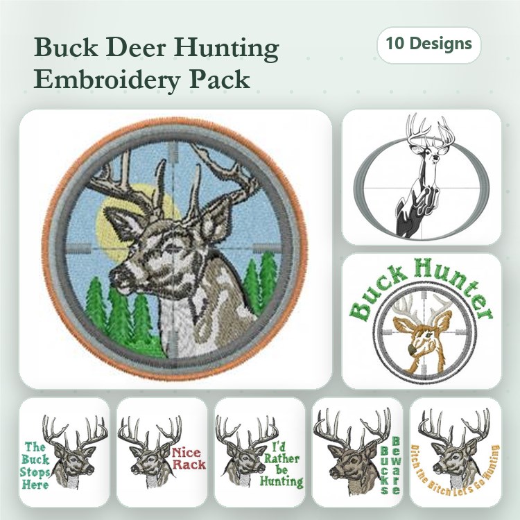 Buck Deer Hunting Embroidery Designs Bundle – The Buck Stop Here, Nice Rack, I'd Rather Be Hunting & More (10 Designs)