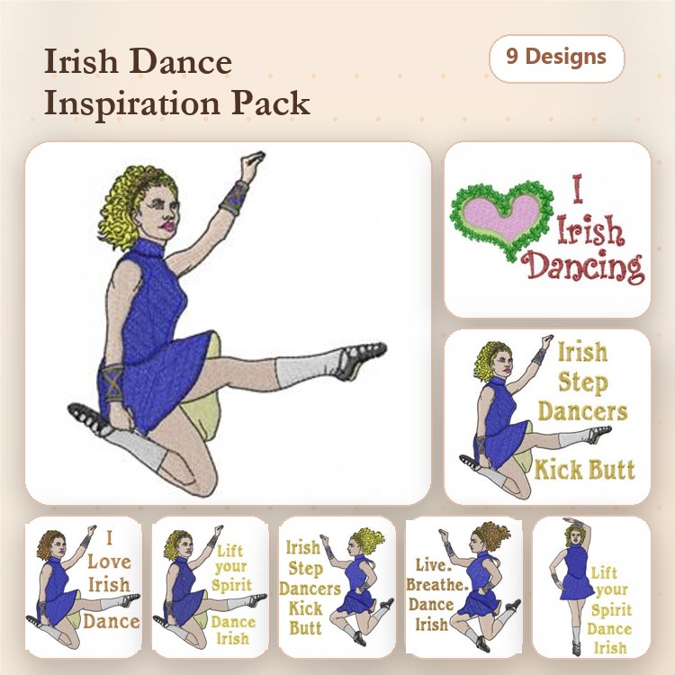 Irish Dance Embroidery Designs Bundle – Irish Step Dancer, I Love Irish Dance, Dancer with Sword & More (9 Designs)