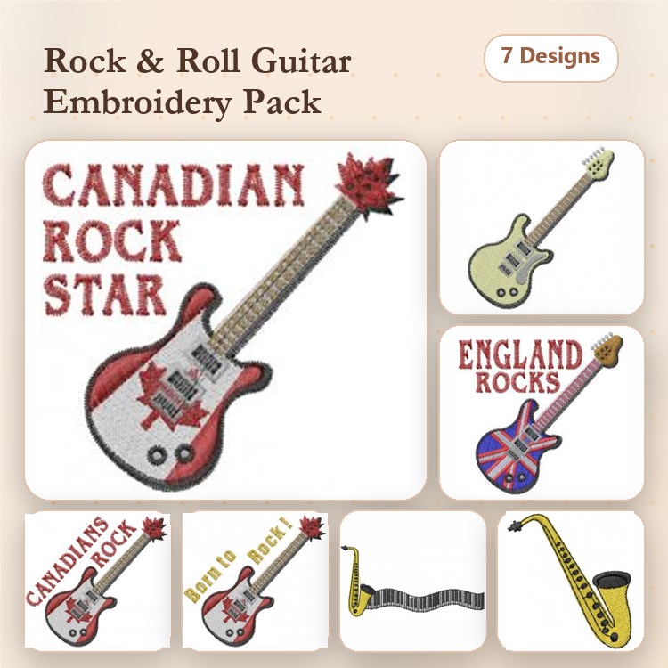 Guitar Themed Embroidery Designs Bundle – Canadian Rock Star, Purple Electric Guitar, Saxophone & More (7 Designs)
