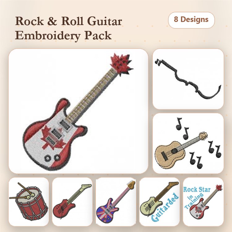 Rock and Roll Instruments Embroidery Designs Bundle – Electric Guitar with Stars, Acoustic Guitar, Drum Set & More (8 Designs)