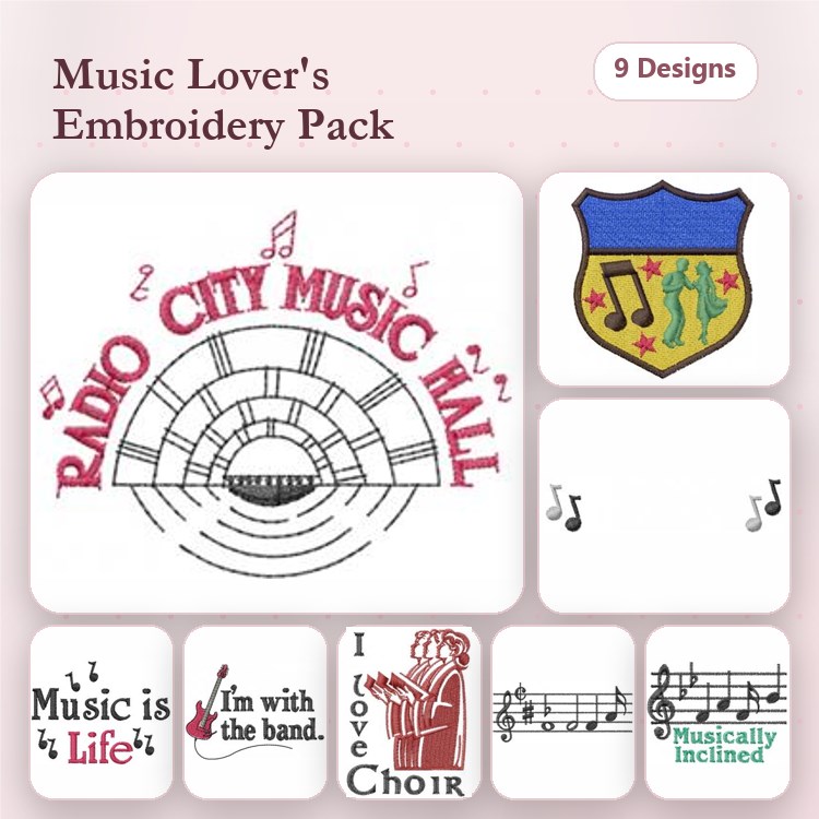 Music-Themed Embroidery Designs Bundle – Radio City Music Hall, Music is Life, I'm with the Band & More (9 Designs)