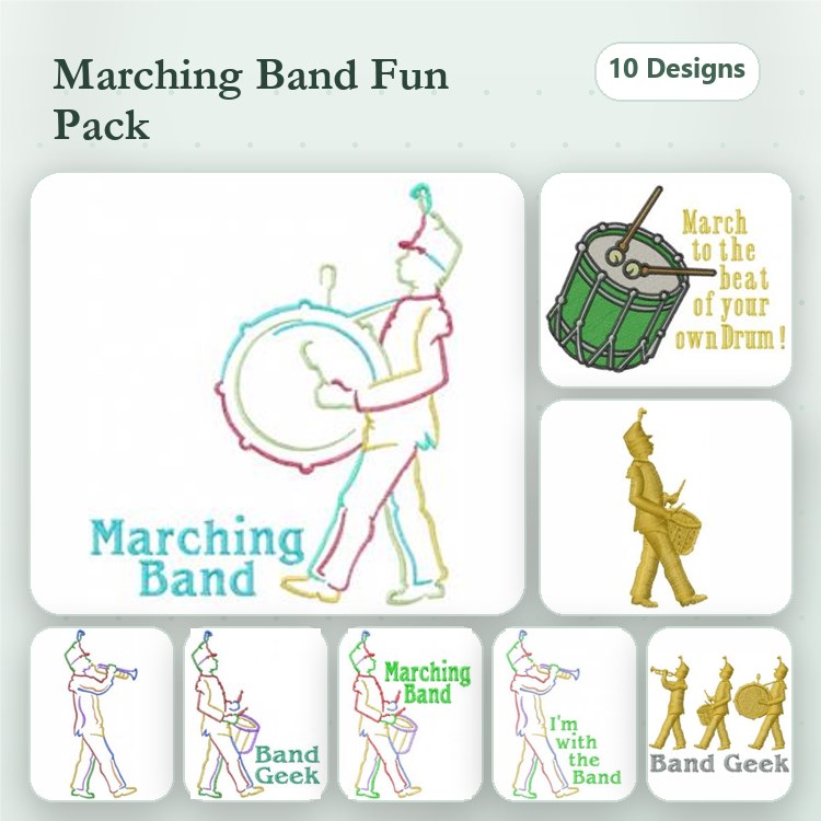 Redwork Marching Band Embroidery Designs Bundle – Drum Major, Marching Band Ensemble, Band Geek & More (10 Designs)