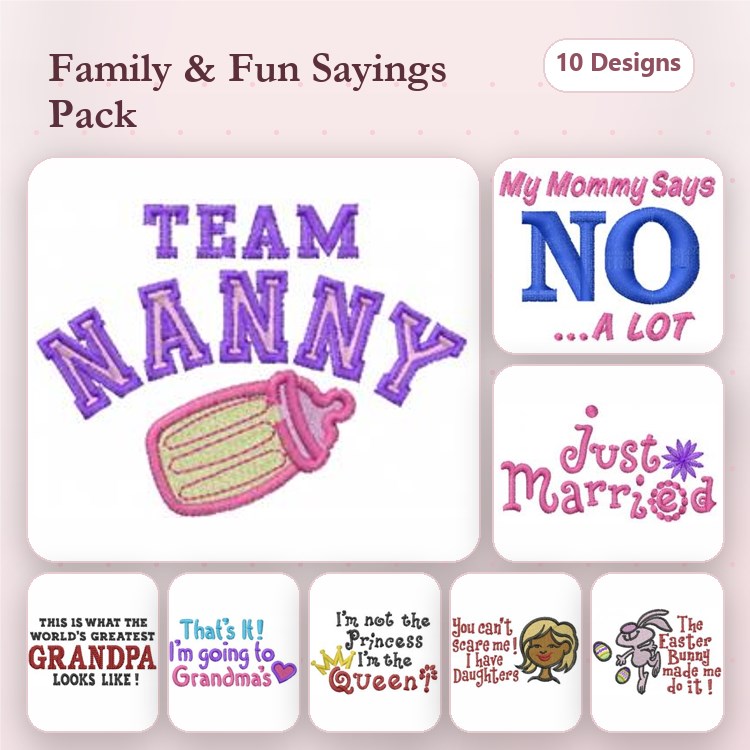 Family Fun Sayings Embroidery Designs Bundle – Team Nanny, Just Married, Grandma's Little Helper & More (10 Designs)