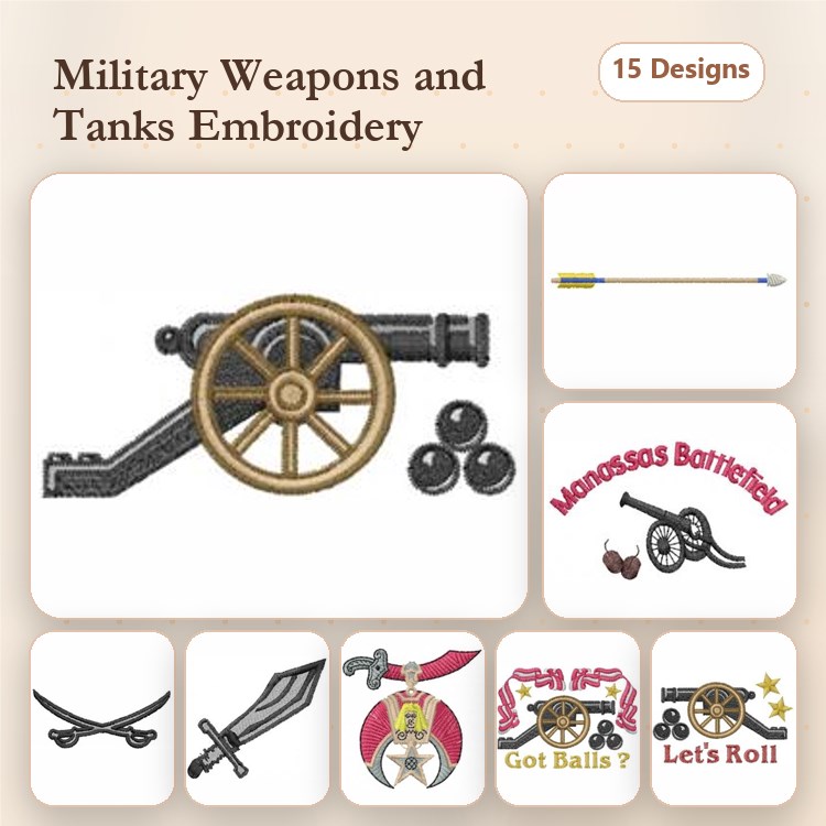 Military Weapons & Tanks Embroidery Designs Bundle – Cannon, Cannon Balls, Sword, Arrow & More (15 Designs)