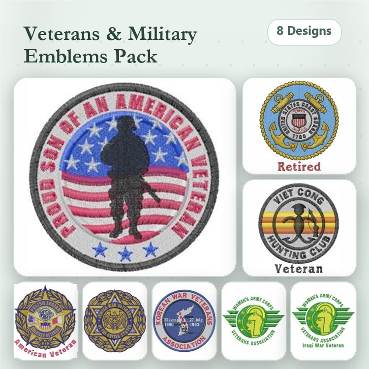 Veterans and Military Emblems Embroidery Bundle – American Veteran, Proud Son, Retired & More (8 Designs)