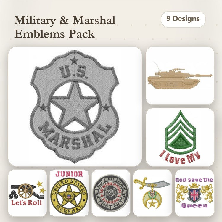 Military Emblems Embroidery Bundle – U.S. Marshal Badge, Tank, Love My Soldier & More (9 Designs)