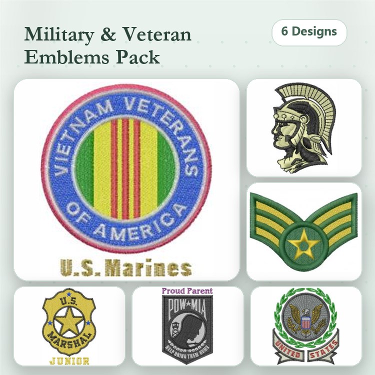 Military Emblems Embroidery Bundle – Vietnam Veterans, U.S. Marines, Spartan Helmet & More (6 Designs)